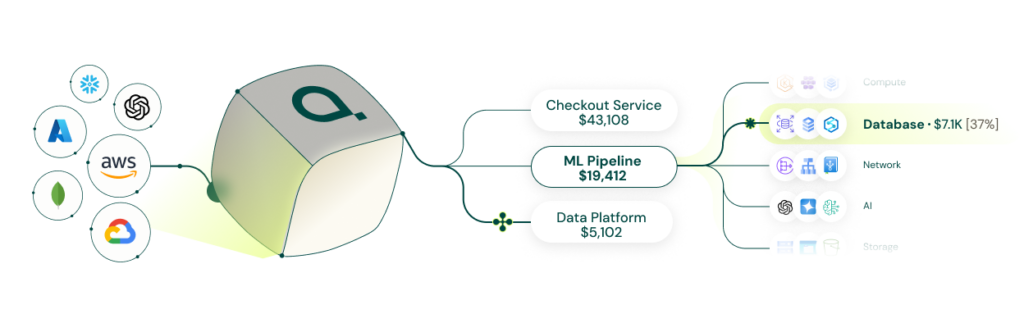 Diagram showing cloud service usage costs split into Checkout Service ($43,108), ML Pipeline ($19,412), and Data Platform ($5,102), with AI cost attribution highlighting ML Pipeline database costs at $7K (37%).